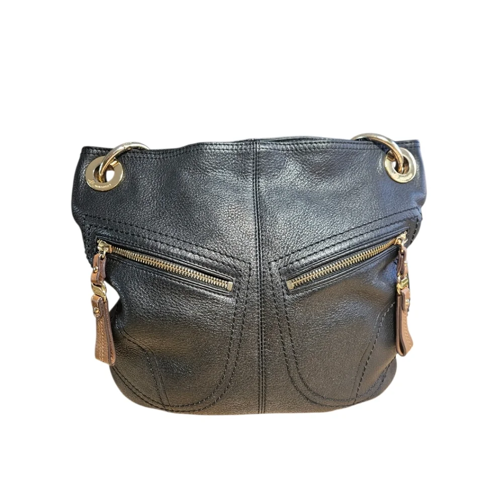 B. Makowsky Pebbled Leather Handbag Black Hobo Brown Accents